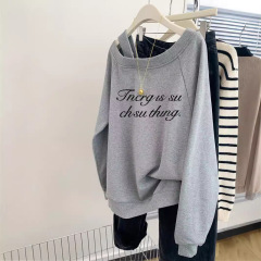 Gray off-shoulder loose lazy style off-shoulder sweatshirt for women in spring and autumn new style early autumn pullover long-sleeved top jacket