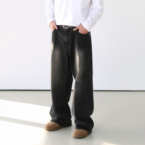 MYQ Retro Gradient Washed Jeans Men's Spring Loose Wide Legs Korean Style Trendy Straight Pants