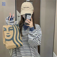 Thin early spring long-sleeved sweatshirt for women chic Hong Kong style Korean style loose bf lazy style salt striped top for women ins