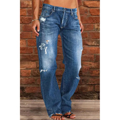 Cross-border foreign trade ladies jeans, European and American trendy mid-waist ripped casual straight-leg pants, factory direct sales spot