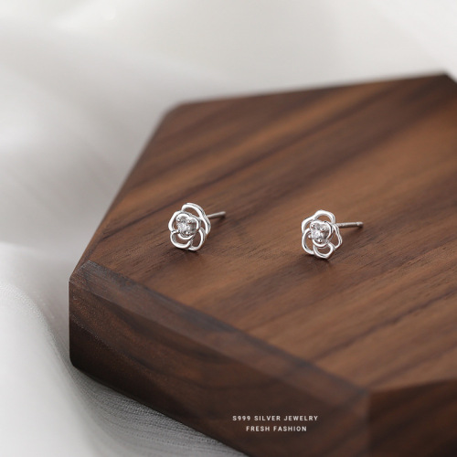 Forest-style small fresh s999 sterling silver rose earrings for women light luxury simple temperament zircon flower feet white ear jewelry
