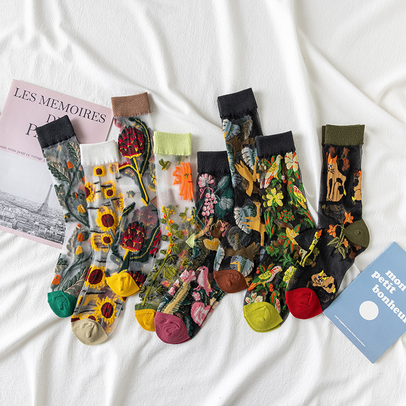 New summer thin glass silk trendy socks European and American seasonal flower mid-tube socks breathable silk stockings for women Zhuji wholesale