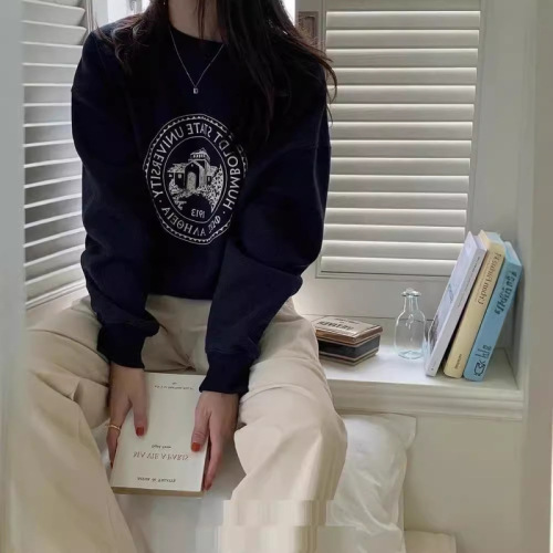 Korean version of oversize round neck sweatshirt for women early autumn new velvet niche design loose long-sleeved top