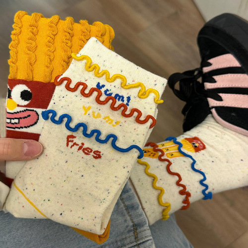 French fries socks pure cotton women funny cute cartoon women mid-tube socks spring and summer pure cotton women socks Zhuji socks wholesale