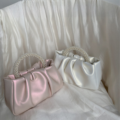 Sweet girly pearl bag handbag women's fashion versatile pleated crossbody cloud bag mini mobile phone bag