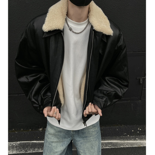 American lapel winter fit thickened high street lamb wool plus wool cotton coat short ean cotton coat pu leather cl fur men's style