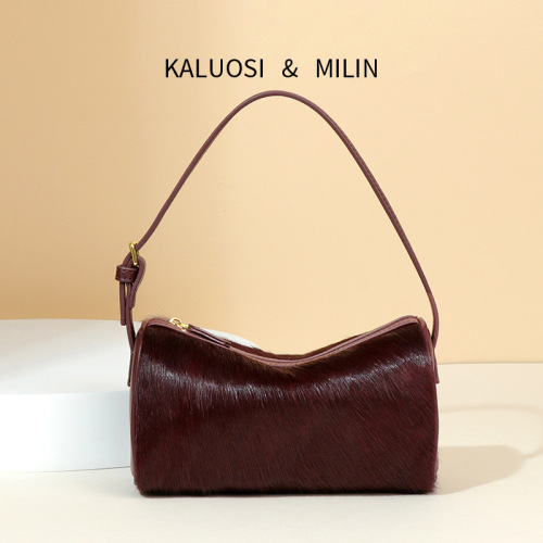 Light Luxury Horse Hair Genuine Leather Women's Bag High-end Original Design One-shoulder Armpit Bag Hand-carrying Pen Holder Bag Pillow Bag Square Bag