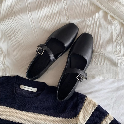 The same style as Grape Mom, imported mixed leather minimalist one-line buckle soft bottom flat bottom Mary Jane single shoes for women