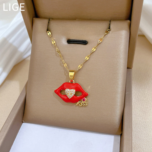 【Titanium Steel】Flame red lips Zircon Light luxury temperament Gorgeous full diamond necklace for women versatile clavicle chain Titanium steel chain