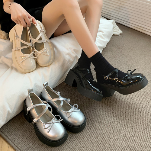 French Mary Jane small leather shoes for women in spring new thick sole heightened bow with skirt thick heel high heels