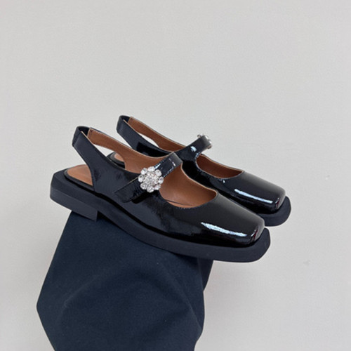 New summer niche retro Mary Jane small leather shoes square toe elastic sandals empty back toe women's shoes