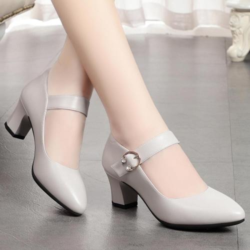 Mom's shoes for spring and autumn new soft sole thick heels one-liner high heels single shoes for women's mid-heel round-toe women's leather shoes