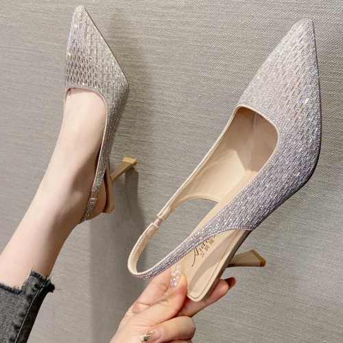 Slim heel rear tripping sandals for spring Korean new pointed toe rhinestone high heels bag-toe side empty shoes
