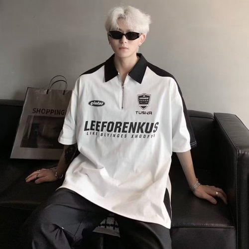 Polo shirt short-sleeved T-shirt men's summer new American retro street loose splicing contrasting lapel half-sleeved shirt