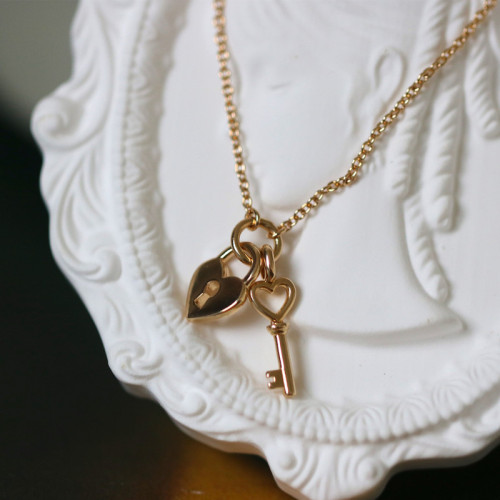 Heart belongs to ~S925 sterling silver plated 18k gold new heart lock & key necklace pendant French clavicle chain women