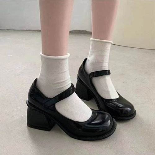 French Mary Jane high heels women's new temperament fairy style thick heel black single shoes small leather shoes Velcro patch