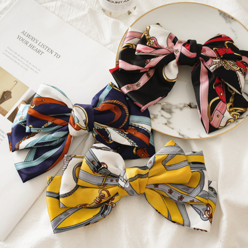 Three-layer satin large bow spring chuck headdress for women versatile hair clips
