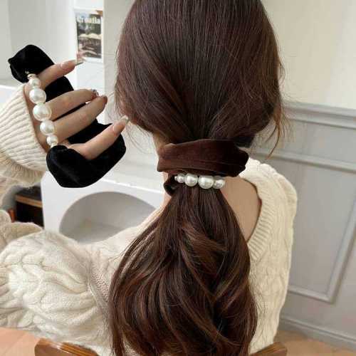 French style light luxury pearl beads large intestine hair ring tie ponytail high elastic rubber band new high-end durable head rope hair accessories