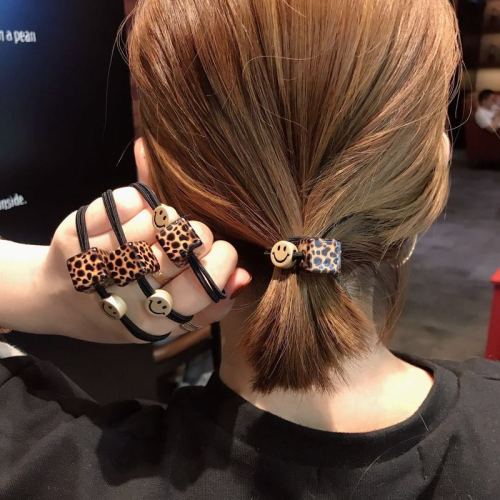 Leopard print acrylic square smiley face high elastic head rope temperament bun hair loop rope