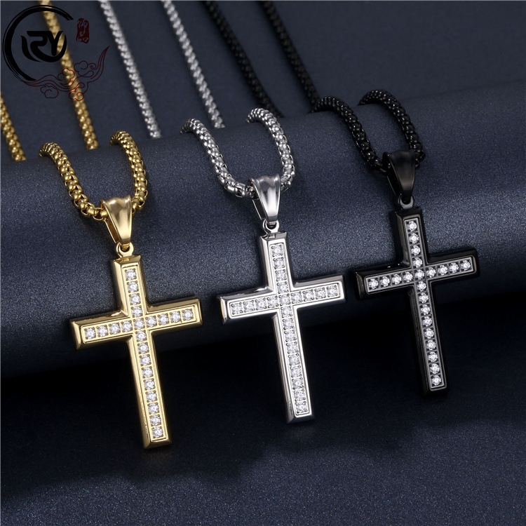 Fashionable titanium steel jewelry, light luxury full-diamond cross sweater chain for women, cross-border stainless steel necklace