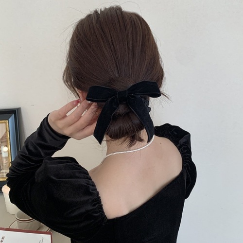 Black velvet bow simple temperament tied hair for women's hair ring new autumn and winter high-end hair rope