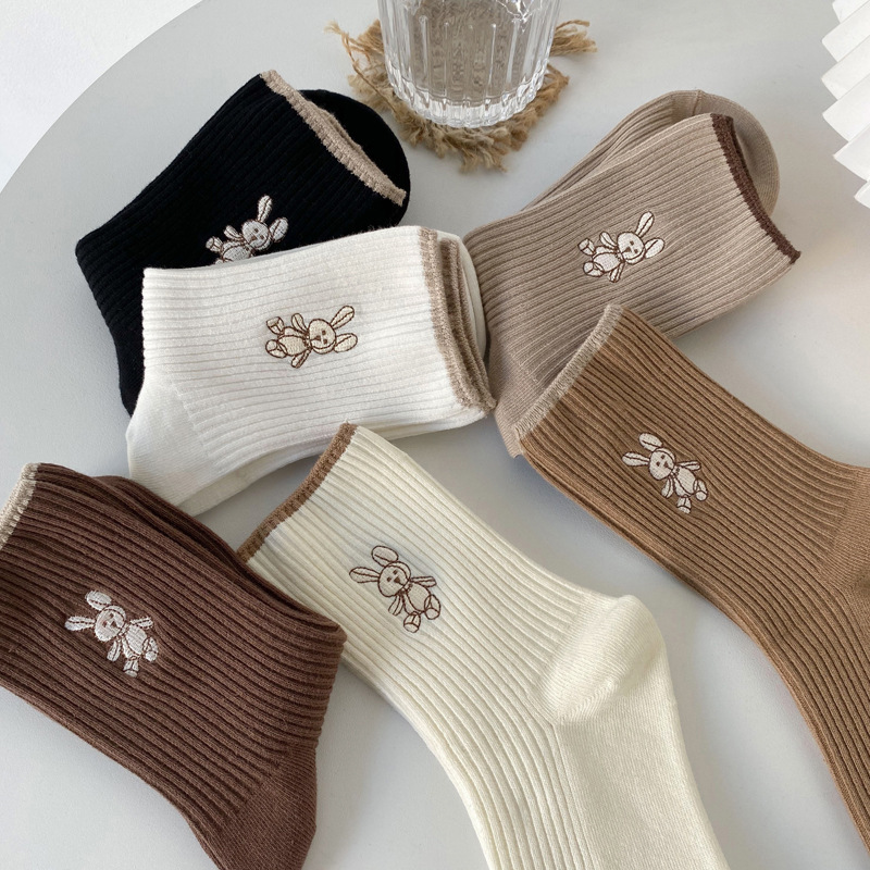 Socks for women ins trendy autumn and winter new cotton cute Japanese mid-calf socks solid color thin strips embroidered bunny pile socks