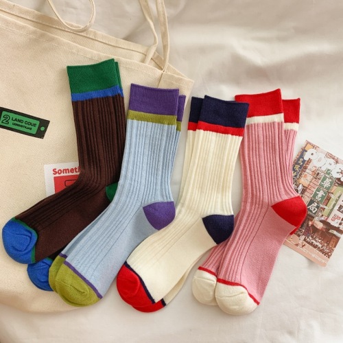 Light luxury internet celebrity color-blocking mid-tube socks for men and women ins trendy modern retro pile stockings for girls pink pure cotton stockings