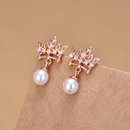 Qiaolanxuan Cross-border Earrings The same style crown pearl earrings silver needle rose gold women's earrings anti-allergic jewelry wholesale