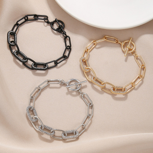 Cross-border simple and fashionable environmentally friendly metal alloy diamond-inlaid oval bracelet men and women's daily bracelet jewelry accessories