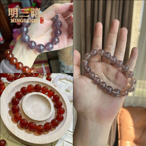 Natural agate chalcedony bracelet violet emperor purple ice red agate solid color bracelet round bead white men and women