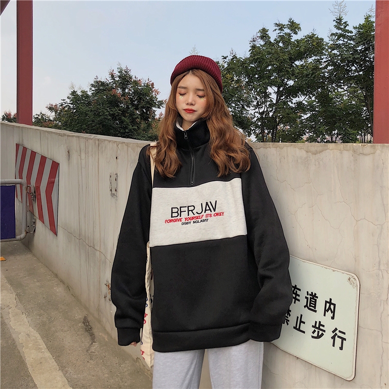 Real photos have been checked ~Korean retro simple color matching embroidery letters loose Baitie high collar and velvet jacket