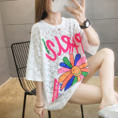 Actual photo 2020 new Korean version loose hollow short sleeve T-shirt women's large and medium length Western lace top