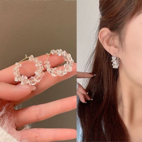 Crystal circle earrings high-end sense broken diamond earrings ins internet celebrity temperament versatile round earrings earring accessories