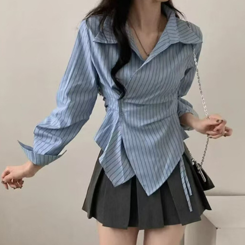 Korean style design niche irregular waist-hugging and fashionable striped shirt long-sleeved top