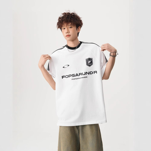 Heavy American high street style splicing triple bar short-sleeved summer trend new oversize men's versatile T-shirt