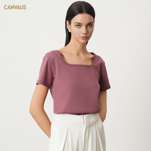 CANVAUS Korean version short-sleeved square collar shoulder T-shirt for women new simple casual basic solid color versatile top summer