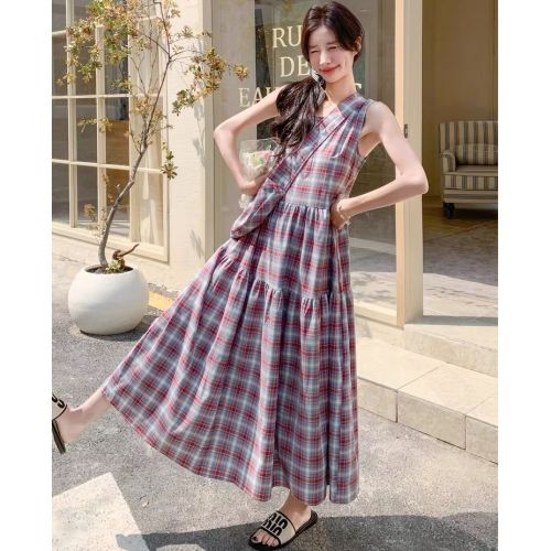 Design plaid art vest dress with bag set for women's summer Korean relaxed and artistic retro skirt