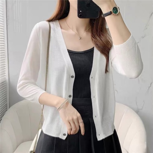 Ice silk knitted cardigan shawl summer thin top with skirt for women's short sun protection suspender outside air conditioning shirt