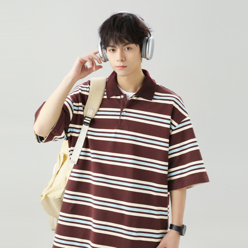 Japanese retro texture contrasting striped Polo shirt for men and women summer lapel short-sleeved T-shirt casual couple half-sleeved