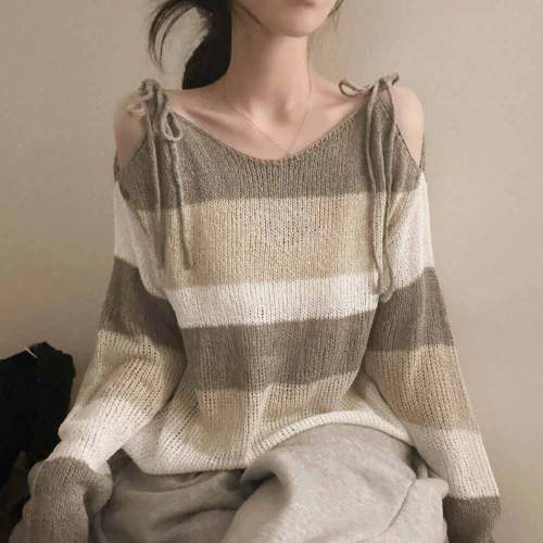 Original Real Shot Korean Version Ribbon Off-Shoulder Butterfly Knot Knitted Sweater with Slit Sheer Sexy Cardigan Top