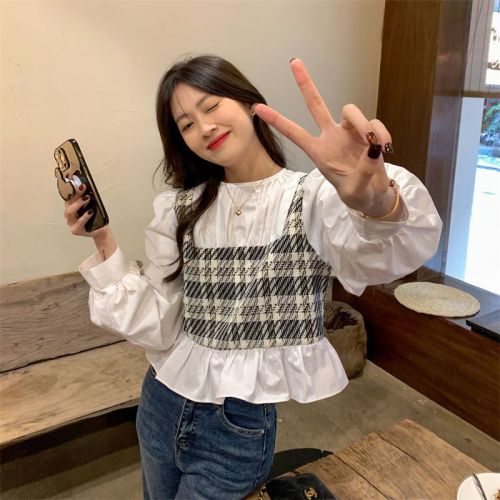 Design-sensual plaid splicing fake two-piece shirt for women's autumn new short style French long-sleeved top