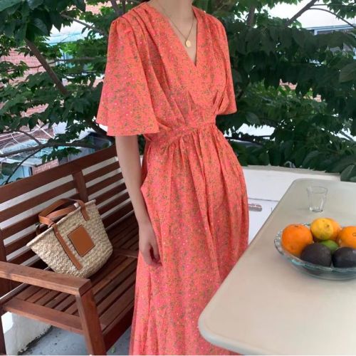 Korean chic summer French retro V-neck lace-up waist slimming pocket short sleeve floral dress long skirt women