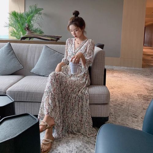 Floral dress 2025 spring new white chiffon summer long skirt five-quarter sleeve skirt fairy super fairy forest series