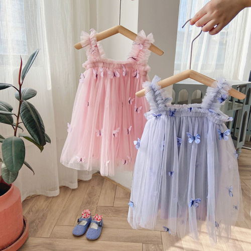 Korean children's clothing butterfly embroidery mesh girls dress 2024 summer children's suspender skirt princess dress tutu skirt
