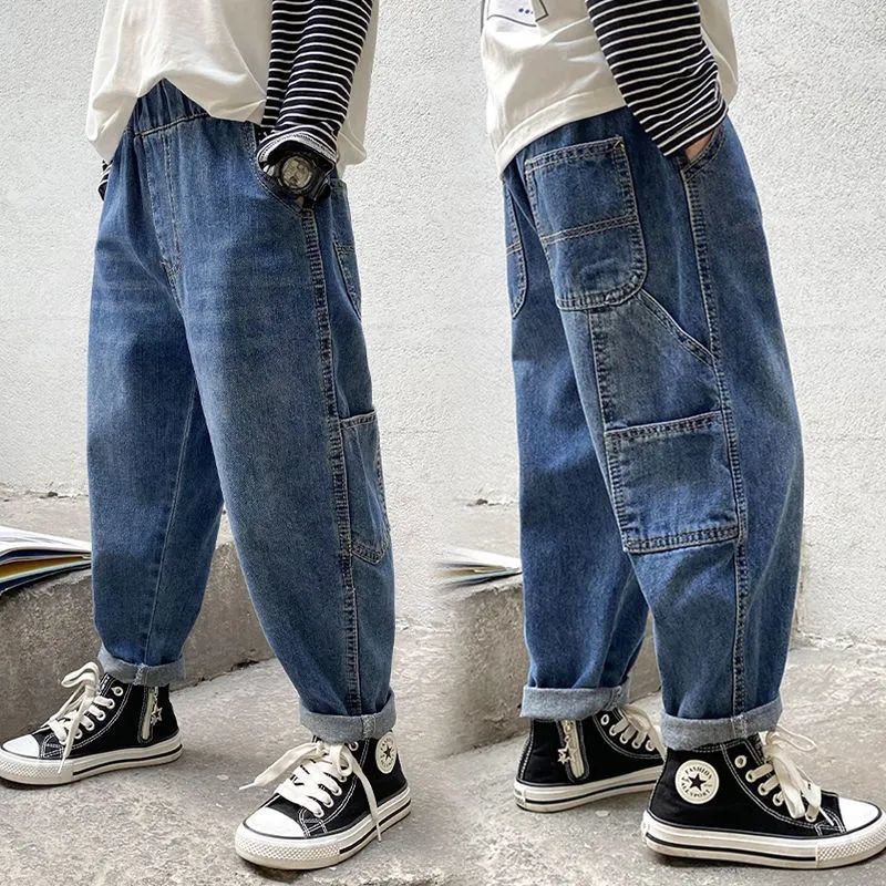 Boys' pants Spring and Autumn 2023 new children's jeans trendy and cool handsome medium and big boys' spring outfit foot trousers