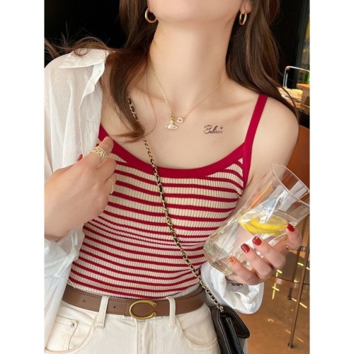 Striped suspenders for women's inner wear Summer Hong Kong style knitted bottoming sleeveless top slim and thin niche vest outside