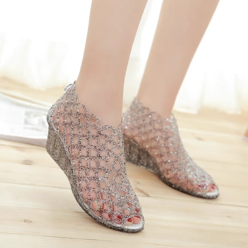 Cross-border plastic sandals for women mesh shoes high heel hollow jelly thick sole mother shoes high heel breathable crystal fish mouth slope heel