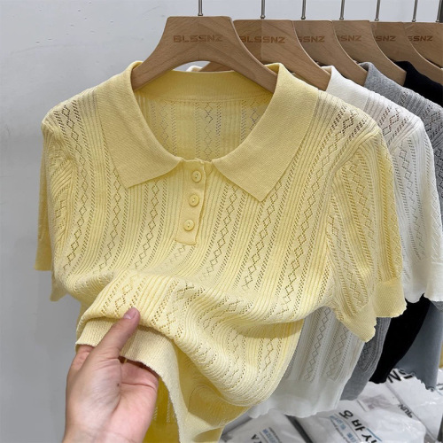 Polo shirt lapel hollow short-sleeved sweater for women's summer new style unique and niche half-sleeved yellow top