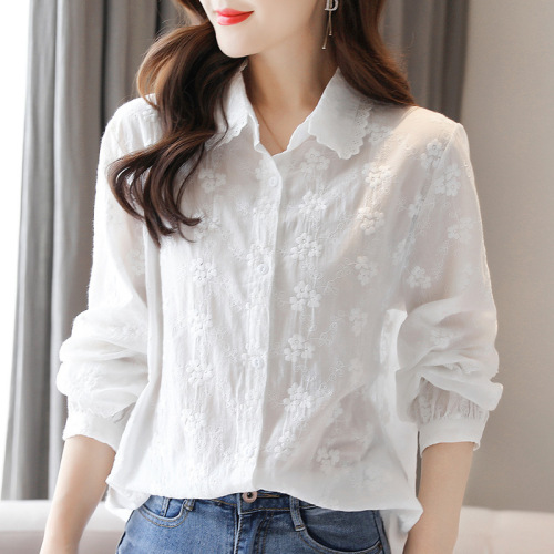 Lace Lace White Shirt Women's Long Sleeve 2024 Spring New Shirt Chic, Beautiful and Temperamental Cotton Top