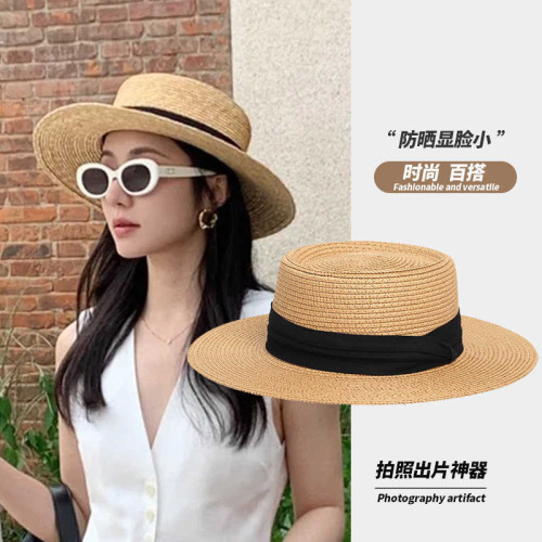 French retro straw woven straw hat for women in summer 2024 new outdoor large hat brim sun protection flat sun hat
